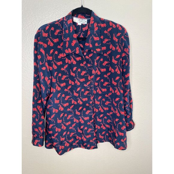 Vintage‎ Lihao Navy & Red Floral Print Long-Sleeve Button-Up Shirt collared - Picture 2 of 5